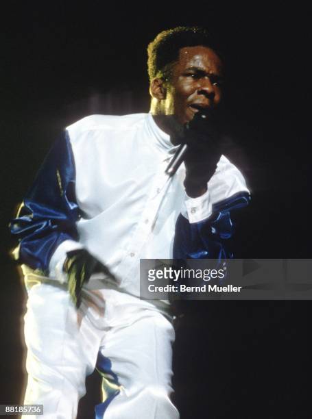 American singer Bobby Brown performs on stage at the Festhalle in Frankfurt, Germany in 1990.