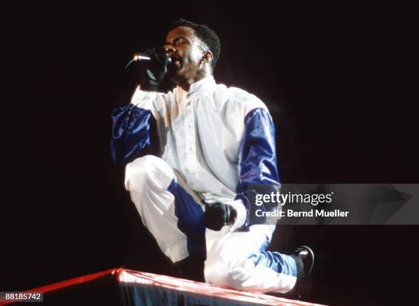 American singer Bobby Brown performs on stage at the Festhalle in Frankfurt, Germany in 1990.