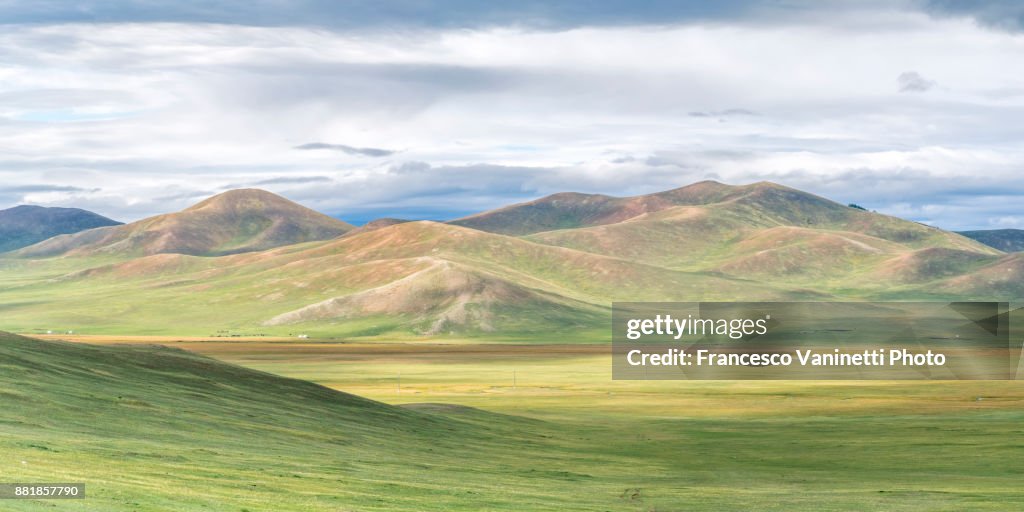 Mongolian nomadic gers in the steppe. North Hangay province, Mongolia.
