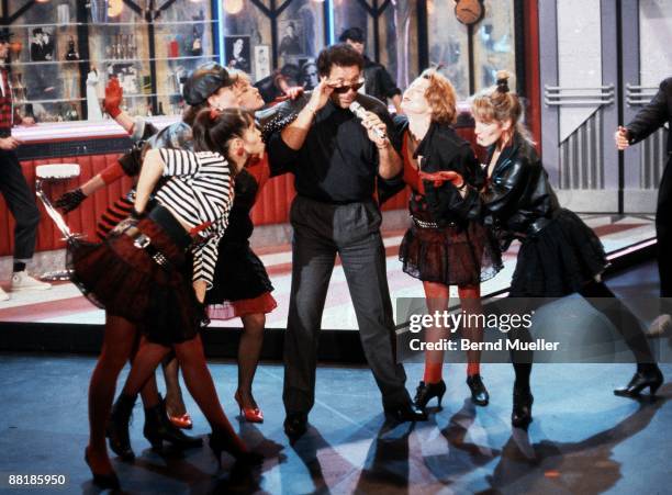 Welsh singer Tom Jones performs on "Wetten, dass..?" tv show in Hof, Germany on March 4 1989.