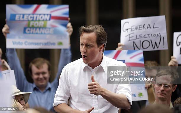British Conservative party leader David Cameron holds a rally outside Hammersmith Town Hall in west London, on June 3, 2009. British Prime Minister...