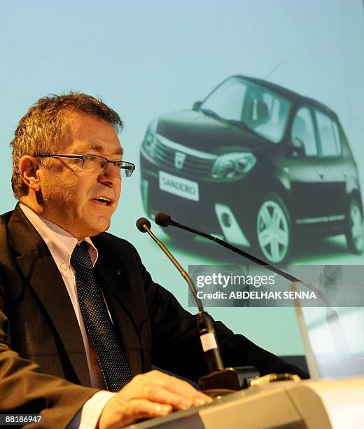 Gerard Detourbet, director of Renault's Dacia Logan-Sandero program, addresses media representatives at the launch of the Dacia-Sandero in Casablanca...