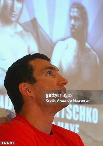 Wladimir Klitschko of Ukraine looks glum during a press conference at his training camp at the hotel Stanglwirt on June 3, 2009 in Going near...