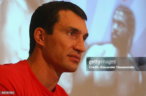 Wladimir Klitschko of Ukraine looks glum during a press conference at his training camp at the hotel Stanglwirt on June 3, 2009 in Going near...