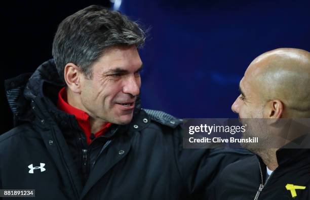 Mauricio Pellegrino, Manager of Southampton and Josep Guardiola, Manager of Manchester City embrace prior to the Premier League match between...