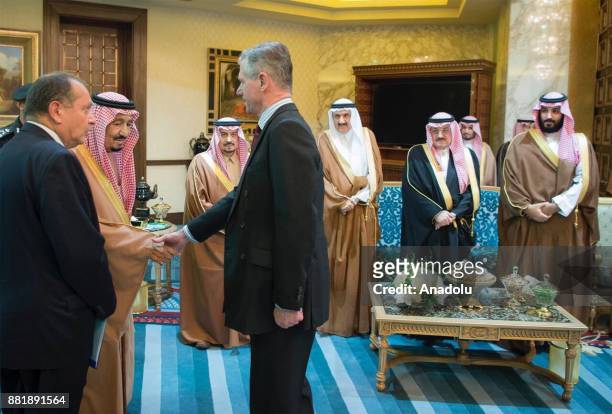 British Prime Minister Theresa May meets with Saudi Arabia's King Salman bin Abdulaziz Al Saud during his official visit at the Al-Yamamah Palace in...