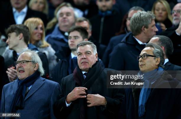 Jon Woods , Sam Allardyce, and Farhad Moshiri watches the match from the stand during the Premier League match between Everton and West Ham United at...