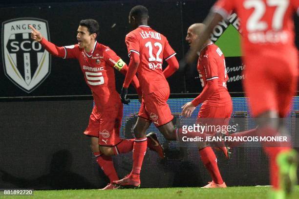 Rennes' French midfielder Benjamin Andre celebrates after scoring during the French L1 Football match between Angers and Rennes , on November 29 in...