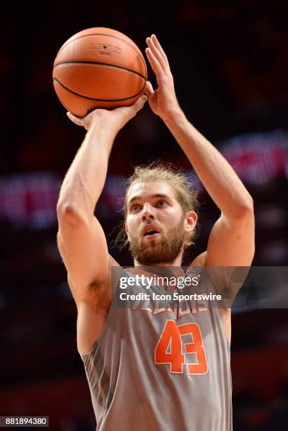 Illinois Fighting Illini forward Michael Finke shoots a free throw during the college basketball game between the North Carolina Central Eagles and...