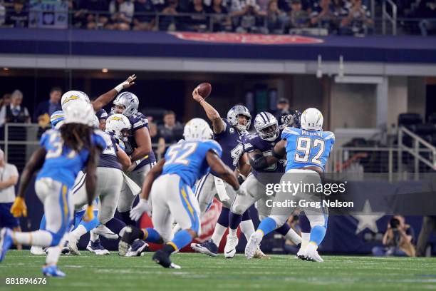 Dallas Cowboys QB Dak Prescott in action, passing vs Los Angeles Chargers at AT&T Stadium. Arlington, TX CREDIT: Greg Nelson