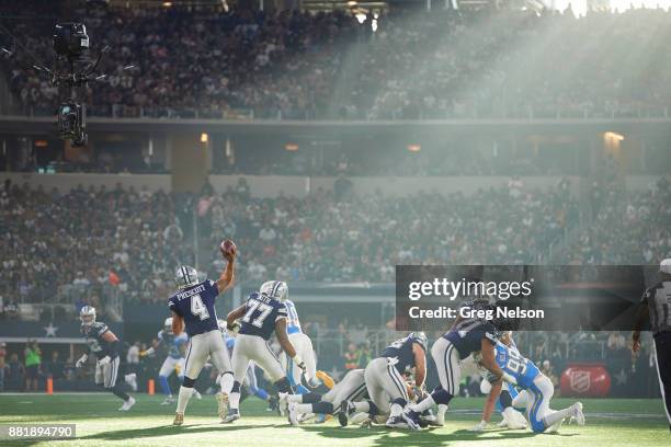 Rear view of Dallas Cowboys QB Dak Prescott in action, passing vs Los Angeles Chargers at AT&T Stadium. Arlington, TX CREDIT: Greg Nelson