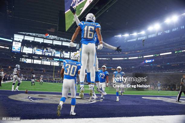 Rear view of Los Angeles Chargers Tyrell Williams victorious during game vs Dallas Cowboys at AT&T Stadium. Arlington, TX CREDIT: Greg Nelson