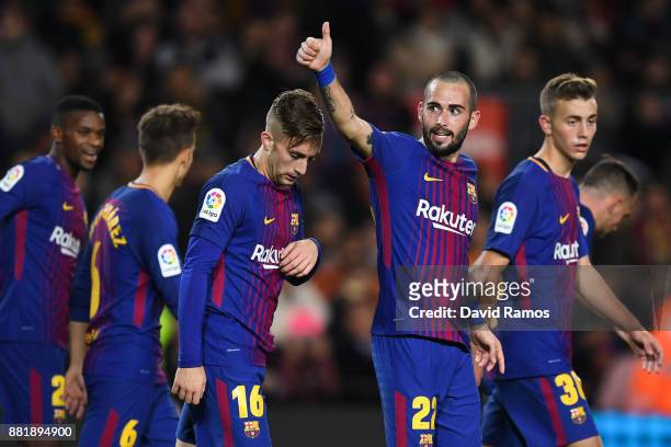 Aleix Vidal of FC Barcelona celebrates after scoring his team's third goal during the Copa del Rey round of 32 second leg match between FC Barcelona...