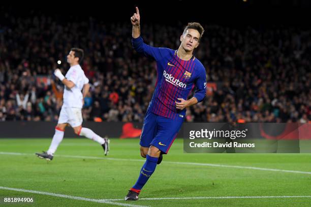 Denis Suarez of FC Barcelona celebrates after scoring his team's fourth goal during the Copa del Rey round of 32 second leg match between FC...