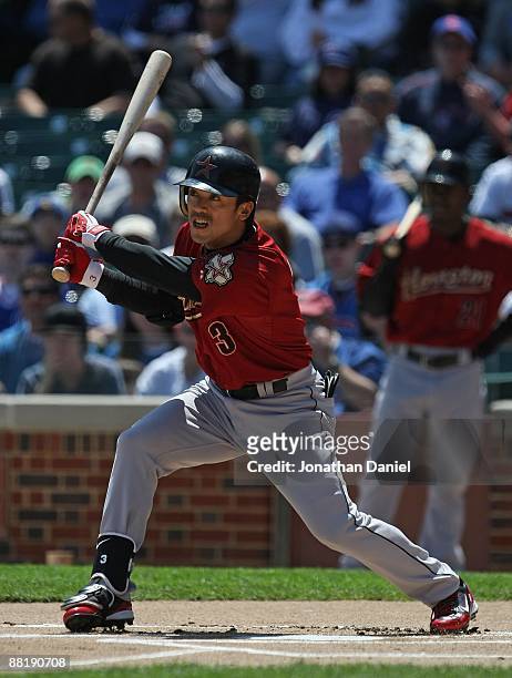 Kaz Matsui of the Houston Astros hits the ball against the Chicago Cubs on May 16, 2009 at Wrigley Field in Chicago, Illinois. The Cubs defeated the...