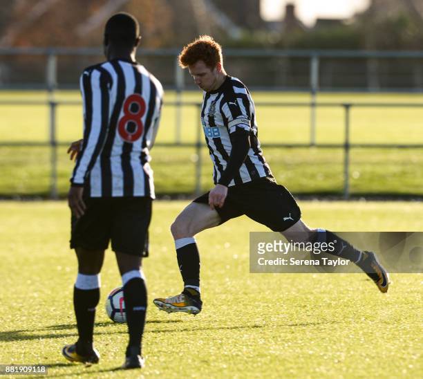 Jack Colback of Newcastle strikes the ball and scores Newcastle's opening goal during the Premier League 2 match between Newcastle United and Swansea...
