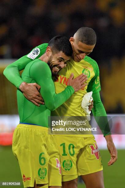 Nantes' Brazilian defender Lucas Lima celebrates with Nantes' French forward Yacine Bammou after the French L1 football match Nantes vs Monaco at the...