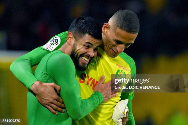 Nantes' Brazilian defender Lucas Lima celebrates with Nantes' French forward Yacine Bammou after the French L1 football match Nantes vs Monaco at the...