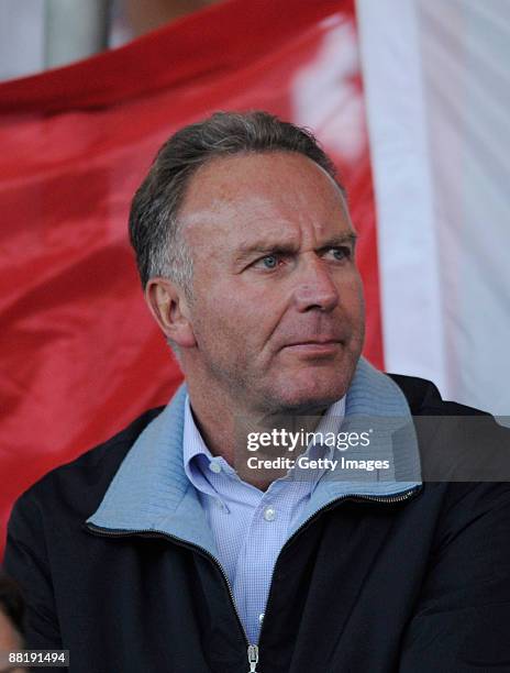 Karl-Heinz Rummenigge looks on during the Women Bundesliga match between FC Bayern Muenchen and FCR 2001 Duisburg at the Aschheim Sportpark on June...