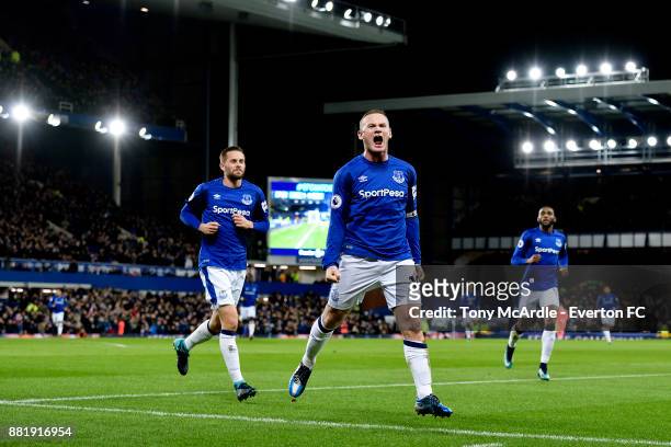 Wayne Rooney of Everton celebrates his second goal during the Premier League match between Everton and West Ham United at Goodison Park on November...