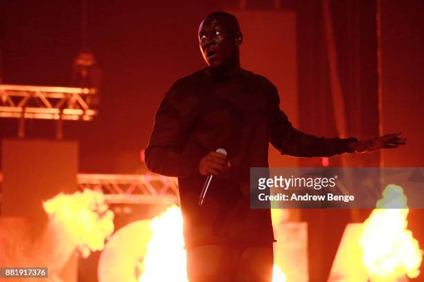 Stormzy performs on stage at the MOBO Awards at First Direct Arena Leeds on November 29, 2017 in Leeds, England.