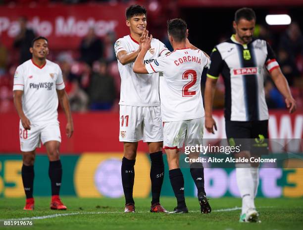 Joaquin Correa of Sevilla FC celebrates after scoring the fourth goal for Sevilla FC with Sebastien Corchia of Sevilla FC during la Copa del Rey...