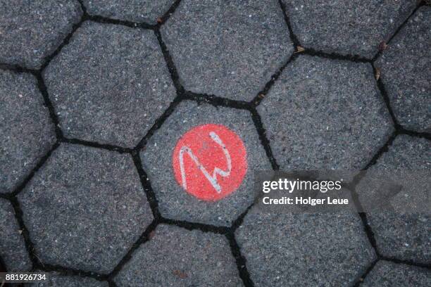 walk of wagner symbol on sidewalk, bayreuth, franconia, bavaria, germany - w stock-fotos und bilder