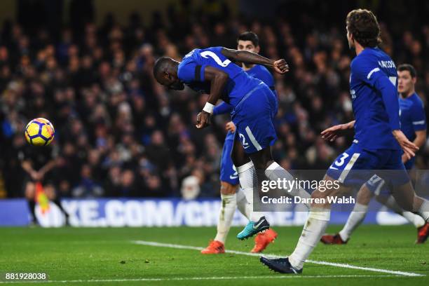 Antonio Rudiger of Chelsea scores his sides first goal during the Premier League match between Chelsea and Swansea City at Stamford Bridge on...