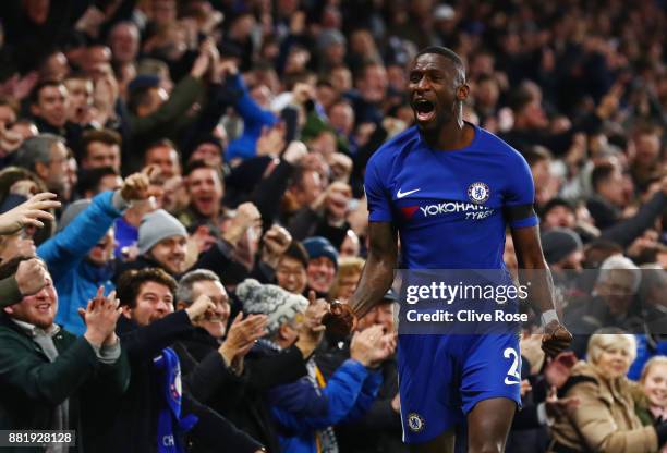 Antonio Rudiger of Chelsea celebrates after scoring his sides first goal during the Premier League match between Chelsea and Swansea City at Stamford...