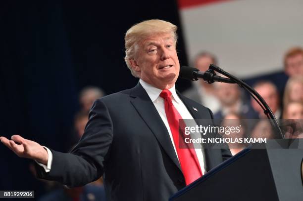 President Donald Trump speaks about taxes at the St. Charles, Missouri, Convention Center on November 29, 2017.