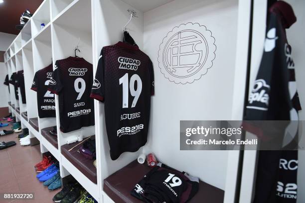 Jersey of Nicolas Aguirre of Lanus hangs in the locker room before the second leg match between Lanus and Gremio as part of Copa Bridgestone...