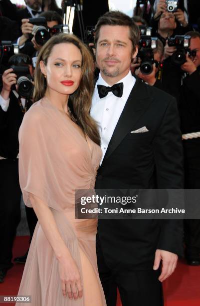 Actors Angelina Jolie and Brad Pitt attend the 'Inglourious Basterds' Premiere at the Grand Theatre Lumiere during the 62nd Annual Cannes Film...