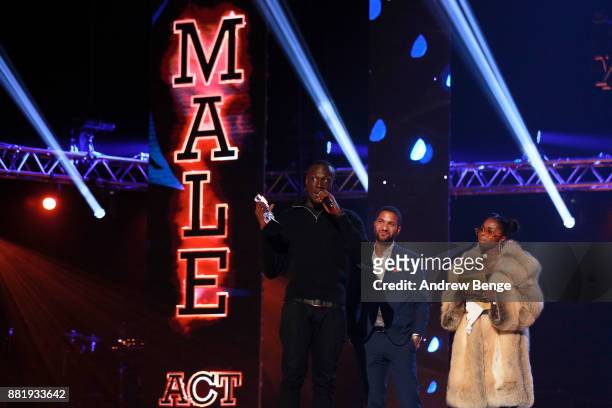 Sean Fletcher and Nadia Rose present Stormzy with the award for Best Male on stage at the MOBO Awards at First Direct Arena Leeds on November 29,...