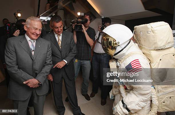 Astronaut Buzz Aldrin and President of Omega Stephen Urquhart attend the 40th Anniversary of the Moon Landing celebration hosted by Omega at the...