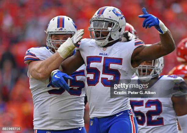 Defensive end Jerry Hughes of the Buffalo Bills reacts after making a tackle for a loss against the Kansas City Chiefs during the second half at...