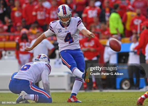 Kicker Stephen Hauschka of the Buffalo Bills kicks a field goal against the Kansas City Chiefs during the second half at Arrowhead Stadium on...