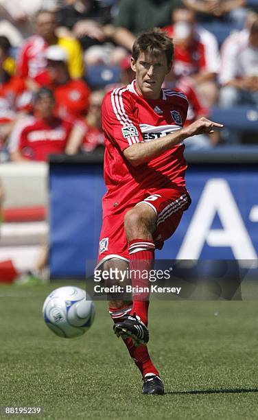Brandon Prideaux of the Chicago Fire kicks the ball during the first half against FC Dallas at Toyota Park on May 31, 2009 in Bridgeview, Illinois....