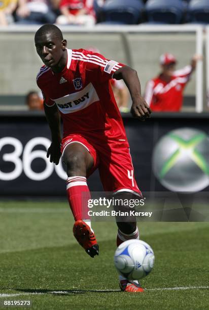 Bakary Soumare of the Chicago Fire kicks the ball during the second half against FC Dallas at Toyota Park on May 31, 2009 in Bridgeview, Illinois. FC...