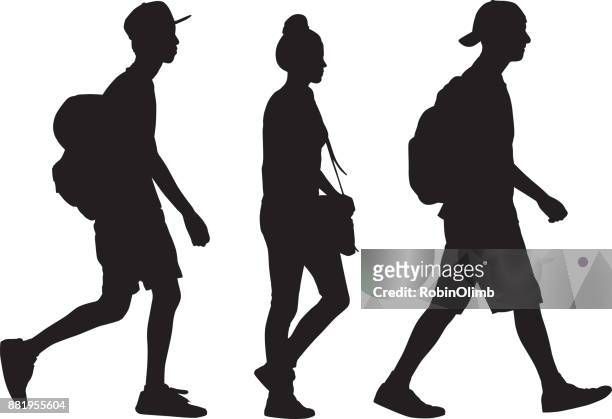 ilustrações de stock, clip art, desenhos animados e ícones de three teens walking silhouette - teen boy shorts