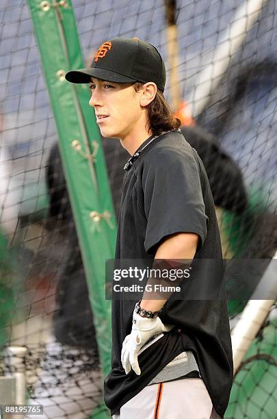 Tim Lincecum of the San Francisco Giants warms up before the game against the Washington Nationals on June 2, 2009 in Washington, DC.