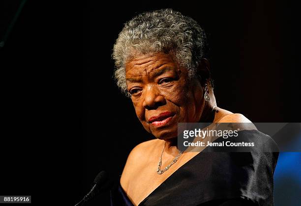 Dr. Maya Angelou speaks on stage during the 34th Annual AWRT Gracie Awards Gala at The New York Marriott Marquis on June 3, 2009 in New York City.