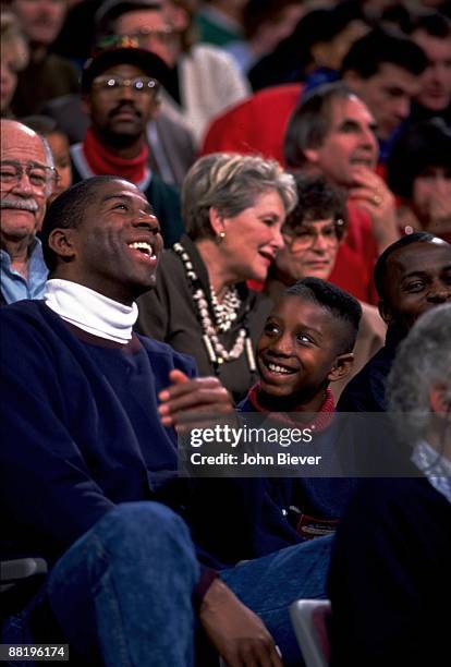 View of former Los Angeles Lakers player Magic Johnson with son Andre Johnson during Detroit Piston vs Atlanta Hawks game. Auburn Hills, MI CREDIT:...