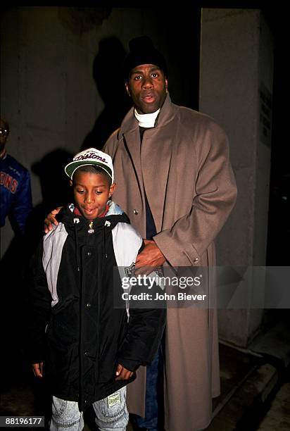 View of former Los Angeles Lakers Magic Johnson with son Andre Johnson before Detroit Piston vs Atlanta Hawks game. Auburn Hills, MI CREDIT: John...