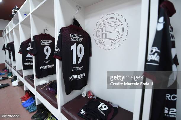 Jersey of Nicolas Aguirre of Lanus hangs in the locker room before the second leg match between Lanus and Gremio as part of Copa Bridgestone...