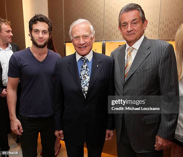 Actor Penn Badgley, Astronaut Buzz Aldrin and President of Omega Stephen Urquhart attend the 40th Anniversary of the Moon Landing VIP cocktail party...