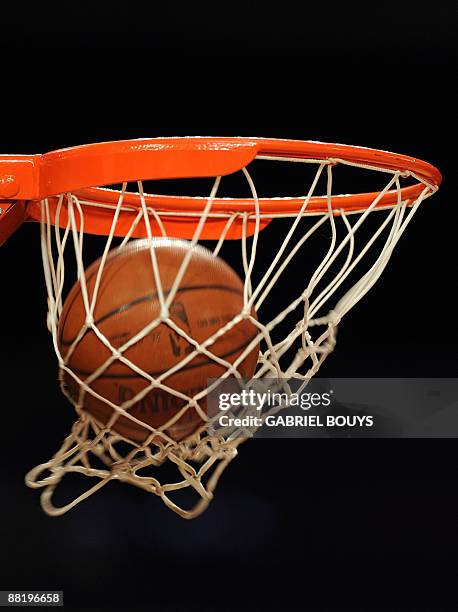 Ball goes through the net during a practice session of the Orlando Magic at the Staples Center in Los Angeles, California, on June 3 on the eve of...