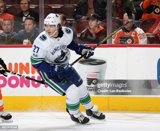 Ben Hutton of the Vancouver Canucks skates against the Philadelphia Flyers on November 21, 2017 at the Wells Fargo Center in Philadelphia,...