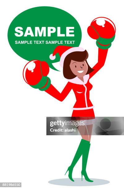 ilustrações de stock, clip art, desenhos animados e ícones de merry christmas, boxing day, new year, beautiful black girl (woman, showgirl) in santa claus clothes with boxing glove - boxe feminino