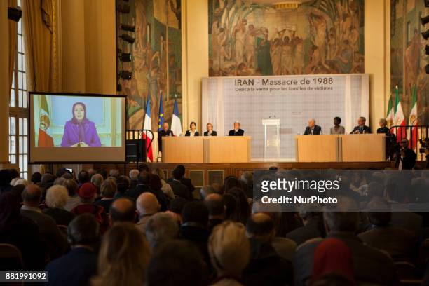 Maryam Rajavi speaks during the initiative of the Committee for the Support of Human Rights in Iran and the Committee of Mayors of France for a...