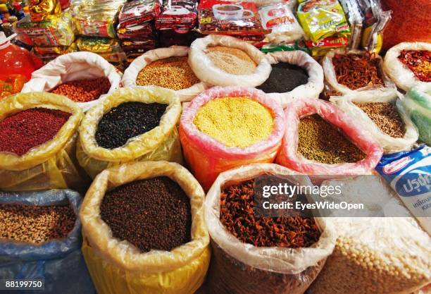 Spices on a marketplace in Siem Reap where Tourists take part in a cooking course to learn how to cook the traditional Fish Amok on December 28,...